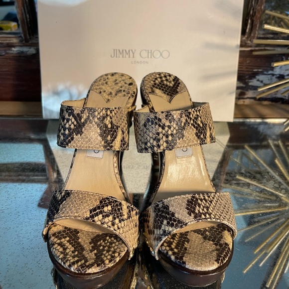 JIMMY CHOO sz 39 Ulrika platform snakeskin gold stud block wood heel. Never worn - Picture 3 of 9